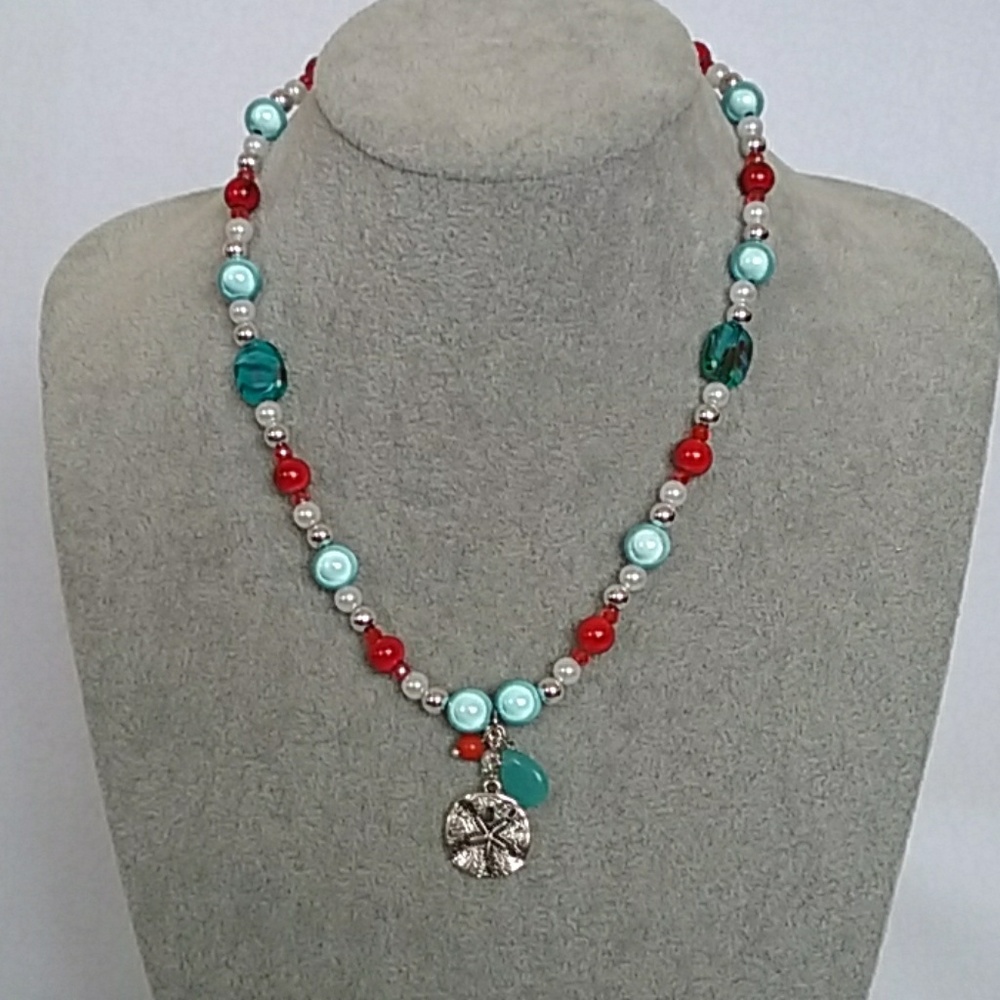 Sand dollar charm red, white, & blue beaded necklace